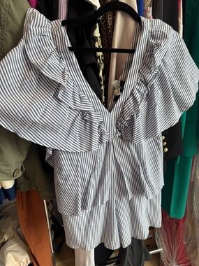 Bcbg MaxAzria Striped Ruffle V-Neck Women's Romper- Blue/White SMALL
